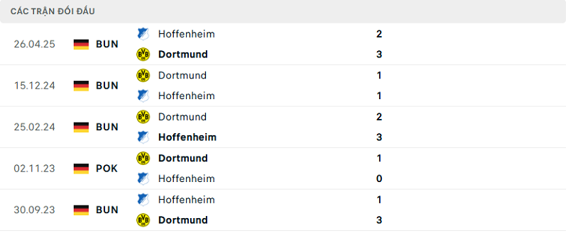 Lịch sử đối đầu Dortmund vs Hoffenheim Lịch sử đối đầu Dortmund vs Hoffenheim